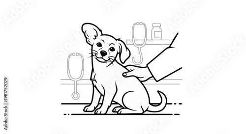 Line art of a happy puppy getting a vet checkup with stethoscopes and medicine