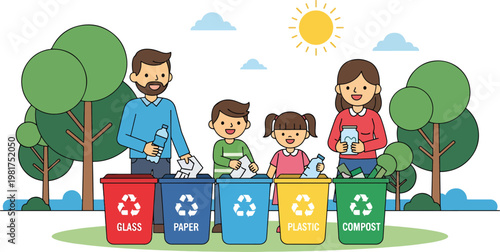 A happy family, parents and two children, diligently sorts waste into color-coded recycling bins for glass, paper, plastic, and compost, promoting environmental responsibility.