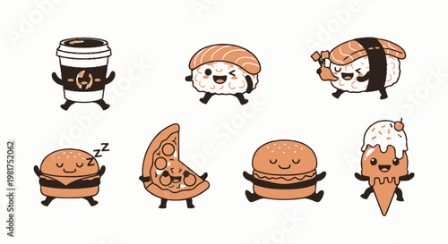 Adorable Cartoon Food Characters Smiling and Posing on White Background.