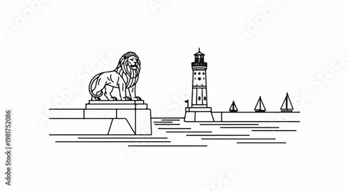 Line art of a lion statue and lighthouse with sailboats on water