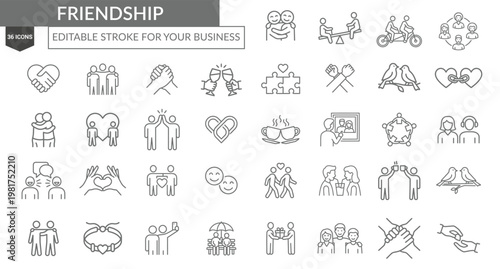 Obraz na płótnie Friendship Line Icons Set – Relationships, Love, Support, Community Editable Str