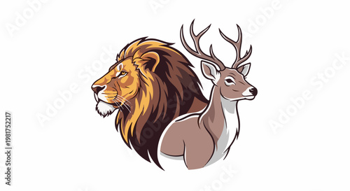 Majestic lion profile paired with a graceful deer profile, united