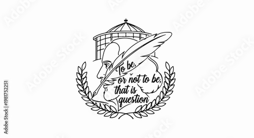 Line art of a profile with a quill and famous quote within a laurel wreath