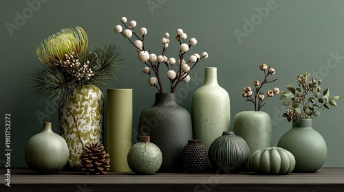 Elegant Arrangement of Green Vases with Floral and Botanical Elements Still Life