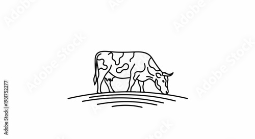 Line art of a spotted cow grazing on curved lines of grass