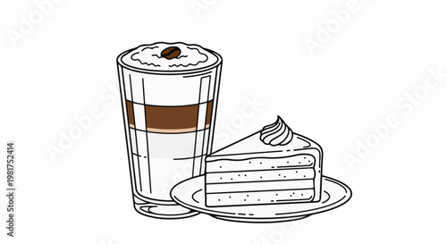Layered coffee drink and a slice of cake with frosting on a plate