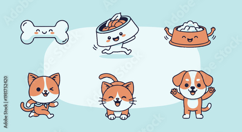 Adorable Cartoon Pets and Food Items on a Light Blue Background.