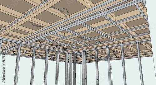 Interior construction view of unfinished ceiling and wall framing with exposed wires