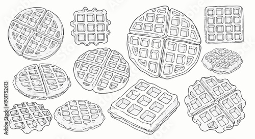 Hand-drawn sketch of various waffles in different shapes and sizes