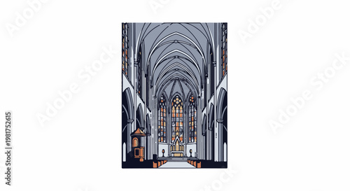 Interior view of a grand cathedral with high arched ceilings and stained glass windows