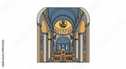 Interior view of a grand, stylized cathedral with mosaic art