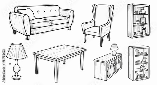 Hand-drawn sketch of various furniture items sofa, armchair, tables, lamps, bookcases