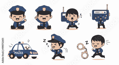 Adorable Cartoon Police Officers in Various Poses and Actions.