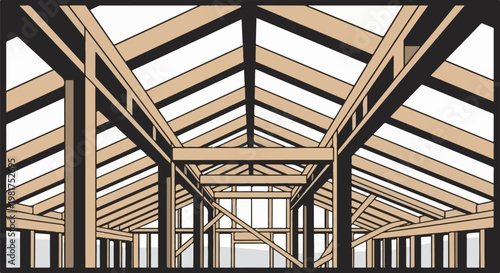 Interior view of a wooden building's exposed structural framework