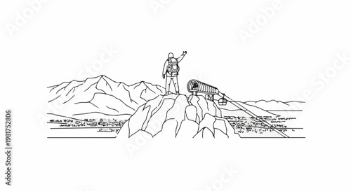 Hiker on mountain peak, aerial tramway, city view, and distant mountains