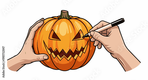 Hands carving a jack-o'-lantern with a marker, preparing for Halloween