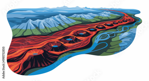 Illustration of a volcanic eruption sequence with lava flows and river