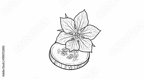 Hand-drawn sketch of a cucumber slice with a blooming flower atop