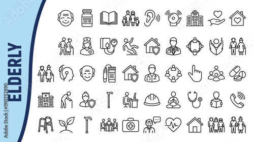 Collection of ancient egyptian hieroglyphs and symbols on a white background with 'elderly' text