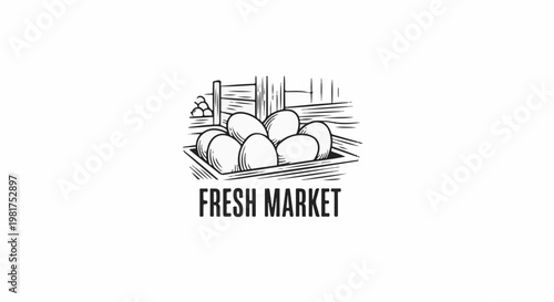 Illustration of eggs in a crate with text "FRESH MARKET" below