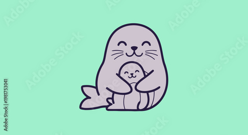 Adorable cartoon illustration of a mother seal hugging her baby with love.