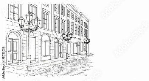 Historic street with gas lamps, cobblestones, and building facades