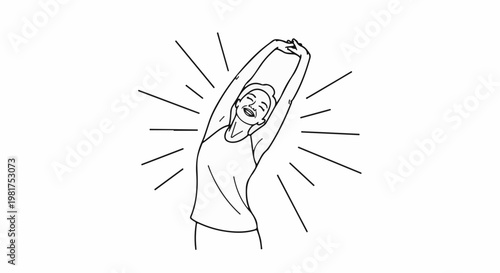 Happy person stretching arms upwards with radiating lines