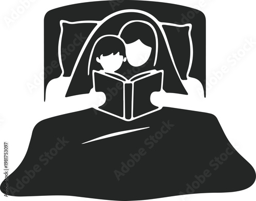 Two children reading a book together in bed under cozy blankets