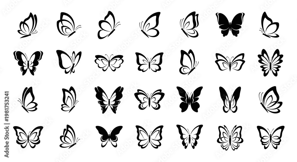 Fototapeta premium Collection of various butterfly silhouettes.