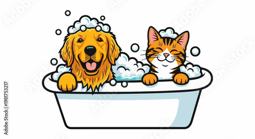 Happy dog and cat enjoying a bubbly bath in a tub