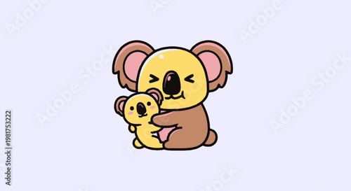 Adorable cartoon koala bear mother and baby hugging closely together.