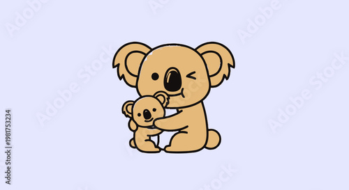 Adorable cartoon koala bear mother and baby hugging closely together.