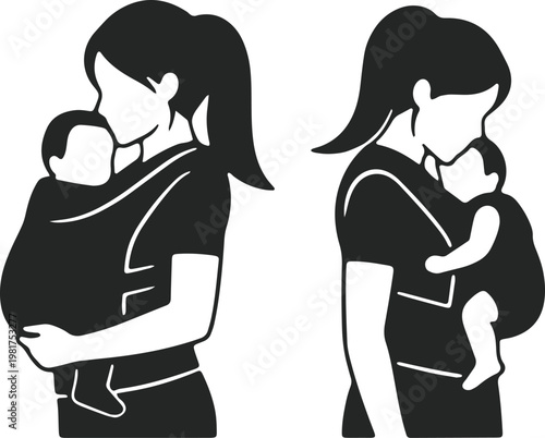 Two different breastfeeding positions illustrated in black and white