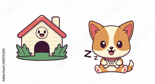 Adorable cartoon puppy sleeping peacefully next to a cute doghouse.