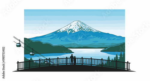 Majestic mountain peak overlooks serene lake with gondolas and a couple