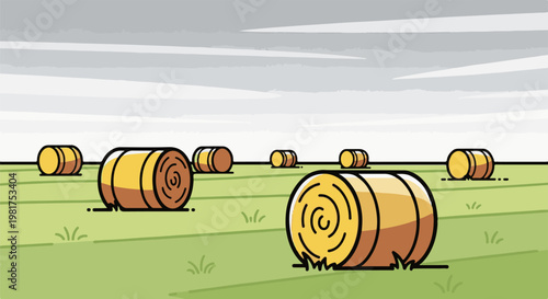 Hay bales scattered across a green field under a cloudy sky