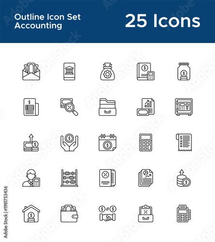 Accounting and financial analysis outline icon set for finance dashboard UI. Expense, revenue tracking and tax reporting line icons