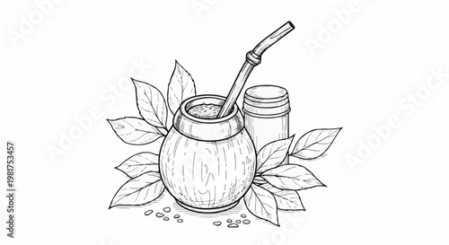 Hand-drawn sketch of a gourd with straw, beside a container, surrounded by leaves and seeds