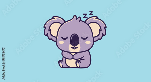 Adorable cartoon koala bear sleeping peacefully on a blue background.