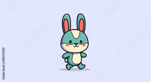 Adorable Cartoon Rabbit with Blue and White Fur Running Happily.