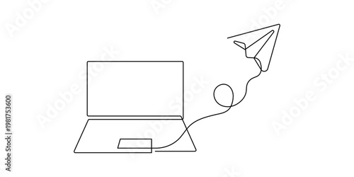 Clean vector continuous line art laptop and paper airplane startup innovation business concept illustration