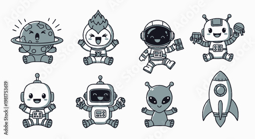 Adorable Cartoon Robots and Aliens Collection in Monochrome Style.