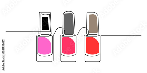 Three nail polish bottles continuous line art minimalist beauty cosmetic fashion vector illustration