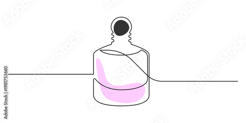 Continuous one line art perfume bottle with pink liquid minimalist cosmetic fragrance vector illustration