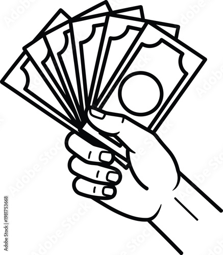 Hand holding stack of money a black and white illustration