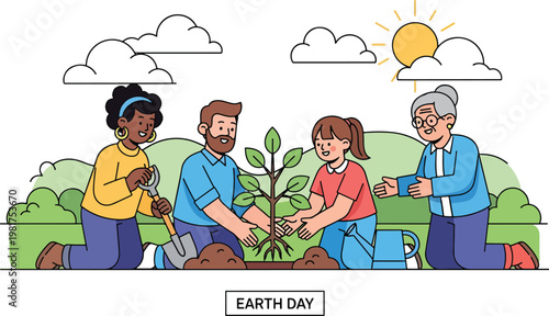 Diverse group of people planting a tree together for Earth Day, promoting environmental conservation and community involvement.