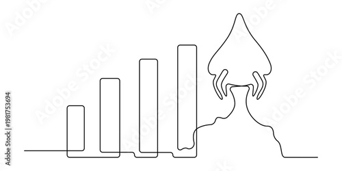 Startup growth rocket launch above bar chart continuous line art business success concept vector illustration