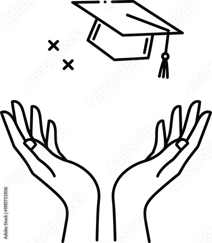 Graduation celebration hands reaching for a tossed graduation cap