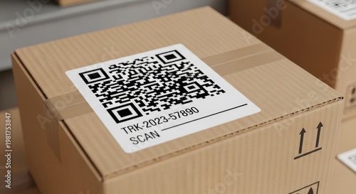 Cardboard Box with Shipping Label and QR Code.