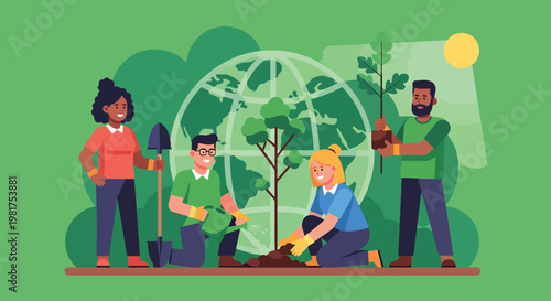 Diverse group of people planting trees together, symbolizing environmental conservation and community effort for a greener planet.
